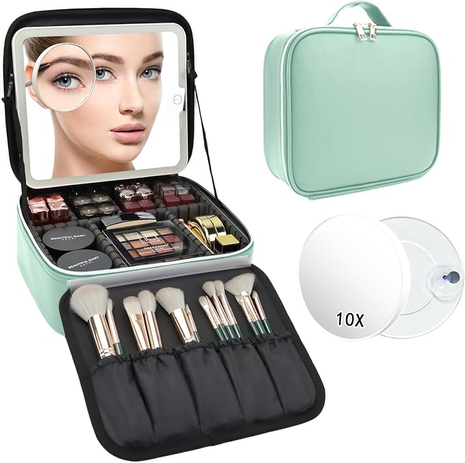 Travel Makeup Bag with LED Mirror and 10x magnifying glass with 3 Lighted