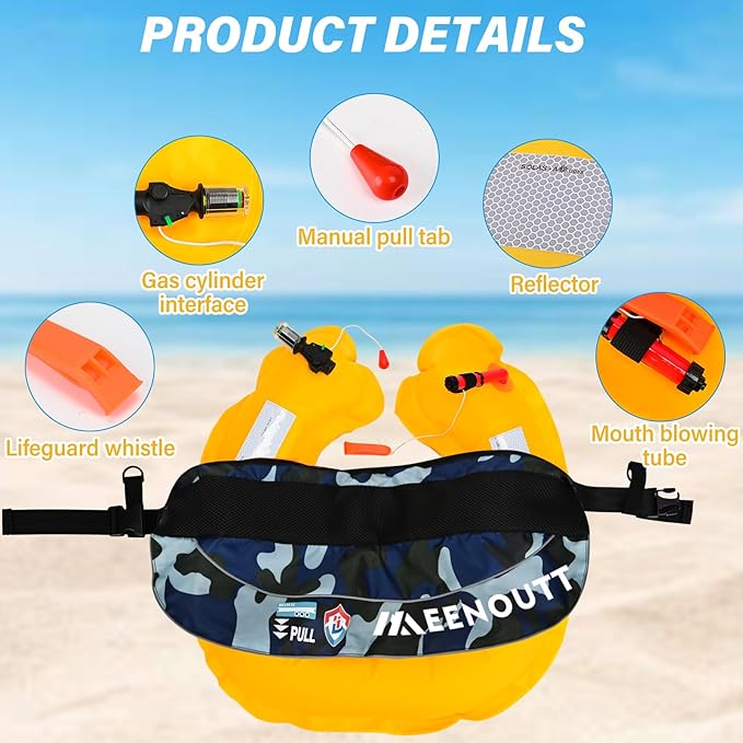 Automatic Inflatable Belt Pack Water Sports Jacket Waist Belt PFD for SUP Paddleboarding Fishing Boating Kayaking(fit 80-330 lbs) (Dark blue camouflage)