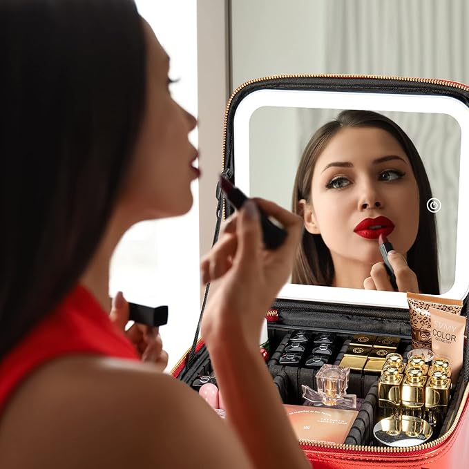 Makeup Travel Train Case with Mirror LED Light 3 Adjustable Brightness Large