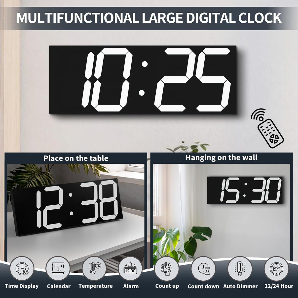 18.7in Large Digital Wall Clock,LED Digital Clock with Big Number,Multi-Function Remote Controlled Wall Clock with Timer, Alarm and Calendar Display(White)