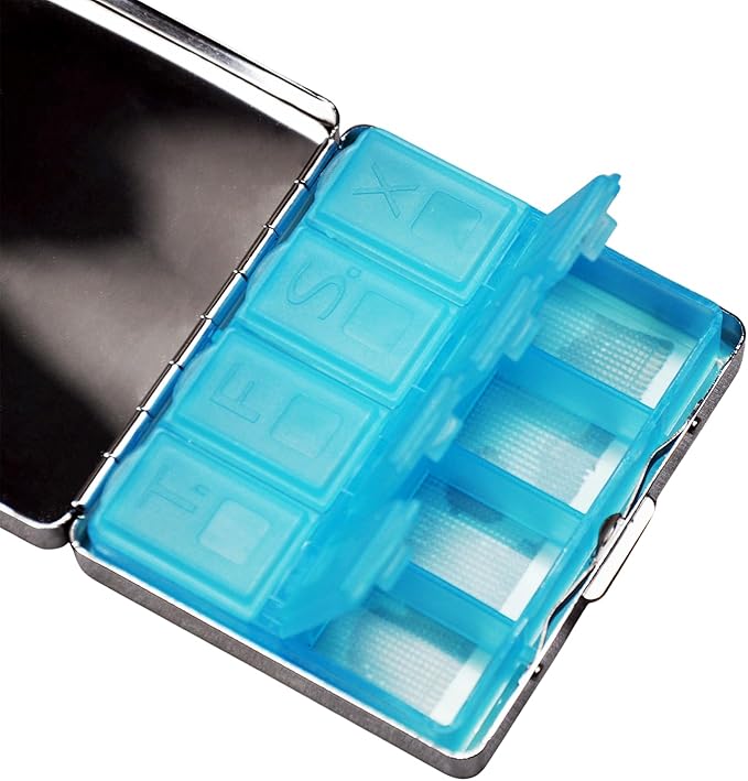 Cute and Portable Metal Pill Organizer – 8 Compartments, Elegant Chrome Finish