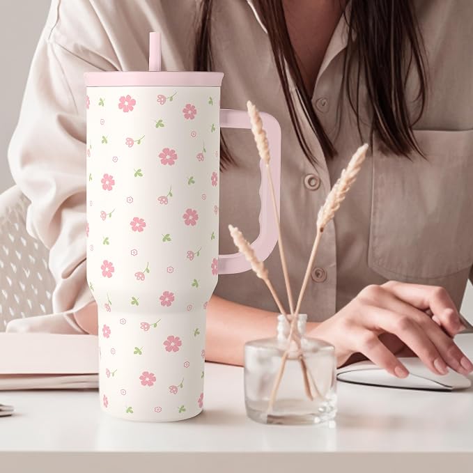 Floral 40oz Tumbler with Handle and Straw – Flowers Insulated Stainless Steel Travel Coffee Mug for Women Girls - Gift Idea for Birthday Christmas Mothers Day