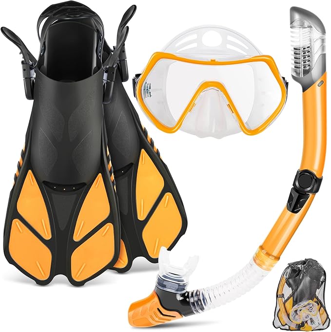 ZEEPORTE Mask Fin Snorkel Set, Travel Size Snorkeling Gear for Adults with Panoramic View Anti-Fog Mask, Trek Fins, Dry Top Snorkel and Gear Bag for Swimming Training, Snorkeling Kit Diving Packages