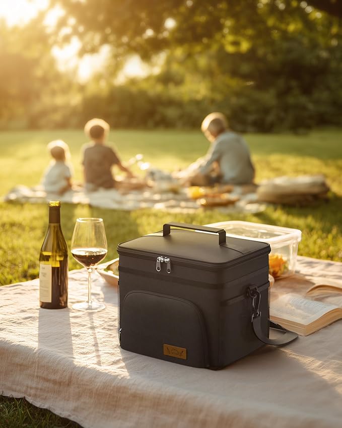 HOTOR Insulated Lunch Box for Men & Women - Leak-Proof Cooler Lunch Bag with 4 Pockets, Adjustable Strap, Ideal for Work, Picnic, Travel - Medium, Black, 10.2"×6.9"×8.5"