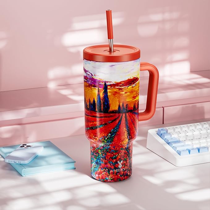 Meoky 40 oz Tumbler with Handle and Straw: Stainless Steel Insulated Tumbler with Lid and Straw - 100% Leak Proof Tumbler for Car Cup Holders - Travelers Commuters Workers, Red Floral