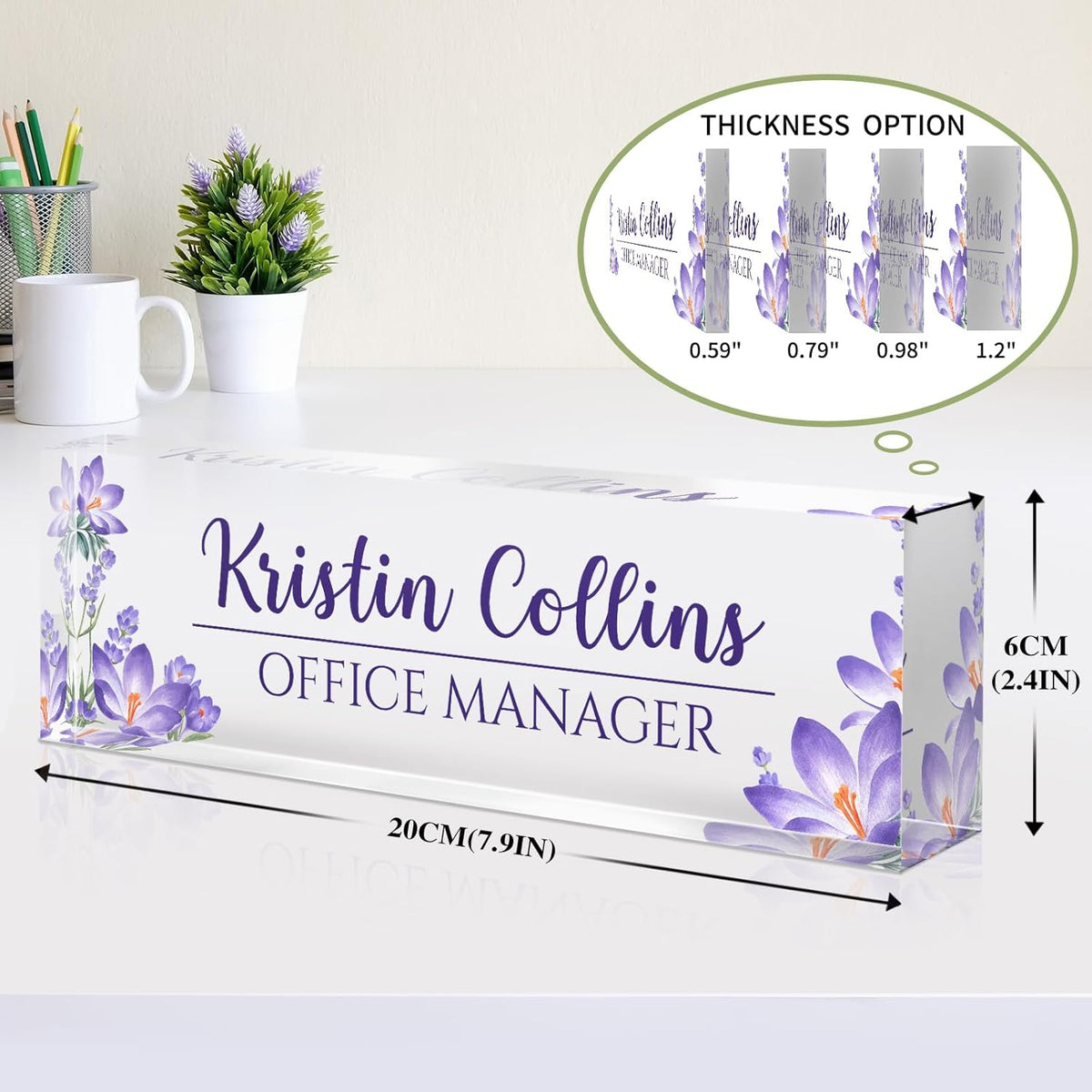 Custom Name Plate for Desk, Acrylic Office Decor For Women Men, Personalized Office Desk Accessories, Teacher Employee Appreciation Gifts For Social Worker Boss Coworkers (Purple Flower-1)