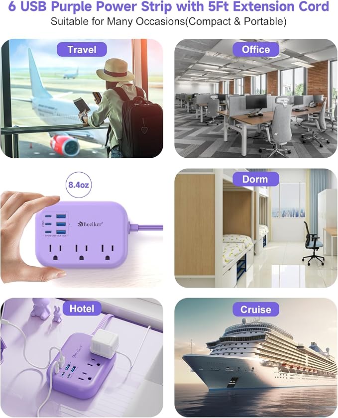 6 USB Purple Travel Power Strip- 5Ft Purple Extension Cord