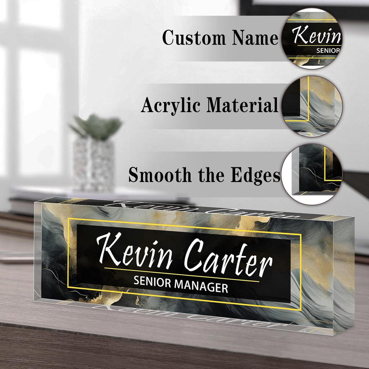 Name Plate for Desk Personalized, Acrylic Desk Decorations, Employee Appreciation Gifts, Custom Office Gifts for Coworkers, Boss, Teacher, Nurse (Black Gold Marble)
