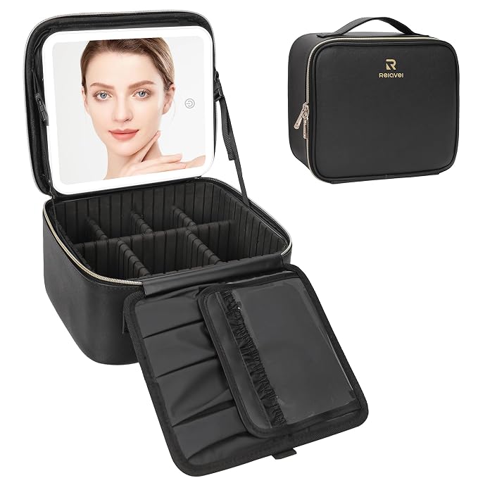 Relavel Travel Makeup Bag With LED Mirror, Cosmetic Train Case with Light up