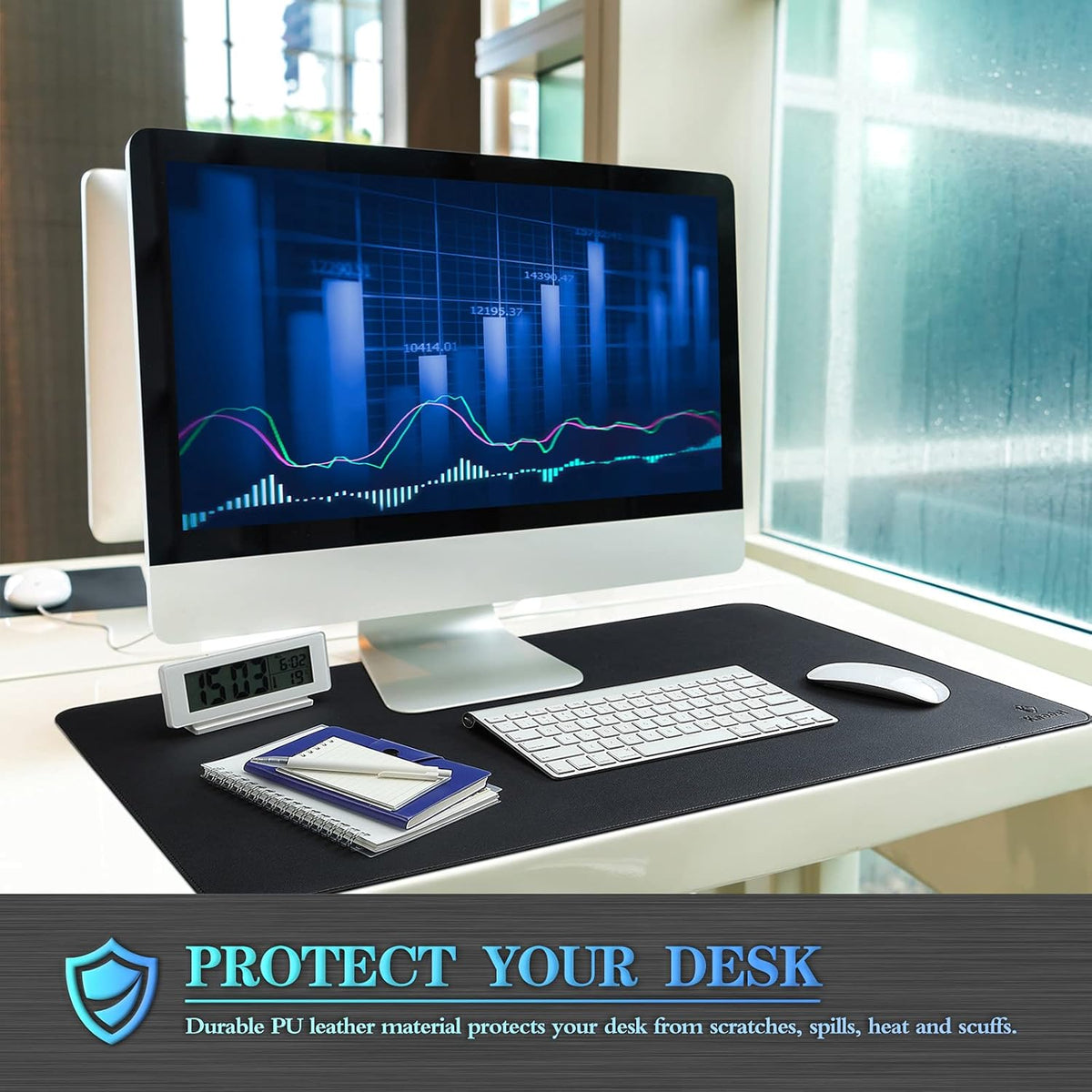 K KNODEL Desk Mat, Blotter, Dual-Sided Office Desk Pad, Waterproof Desk Mat for Desktop, Desk Blotters, PVC Leather Pad Protector (Black, 35.4" x 17")