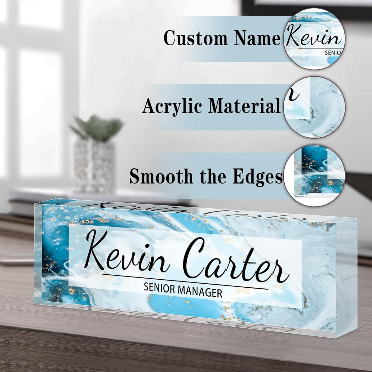 Name Plate for Desk Personalized, Acrylic Desk Decorations, Employee Appreciation Gifts, Custom Office Gifts for Coworkers, Boss, Teacher, Nurse (Blue Gold Marble)