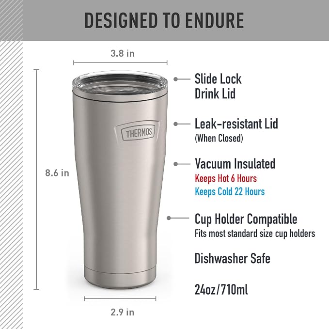 THERMOS ICON SERIES, Stainless Steel Cold Tumbler with Slide Lock, 24 Ounce, Matte Stainless Steel