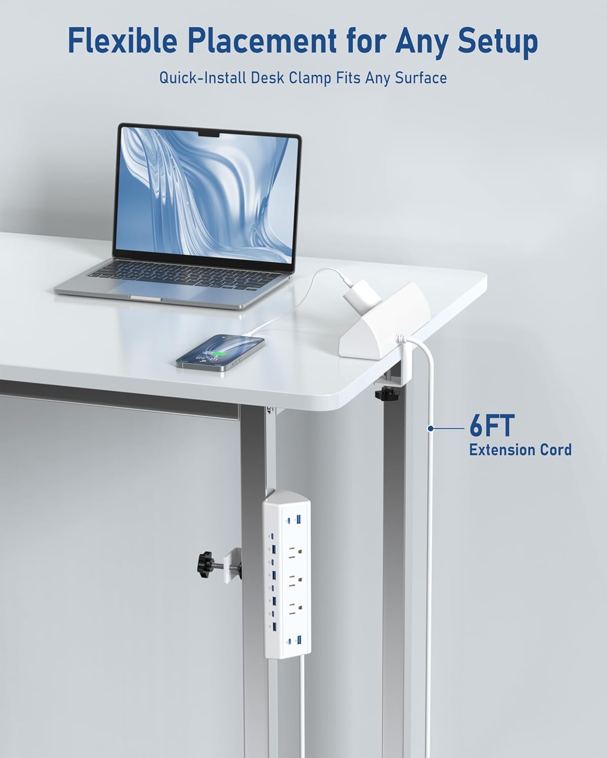 Jgstkcity 130W Desk Clamp Power Strip, 12 USB Ports (6 PD 65W USB-C),Surge Protector,ETL Listed Power Hub Extension Cord,Fast Charging Station for Home Office Desk Edge Mount (White, 12 USB-130W)