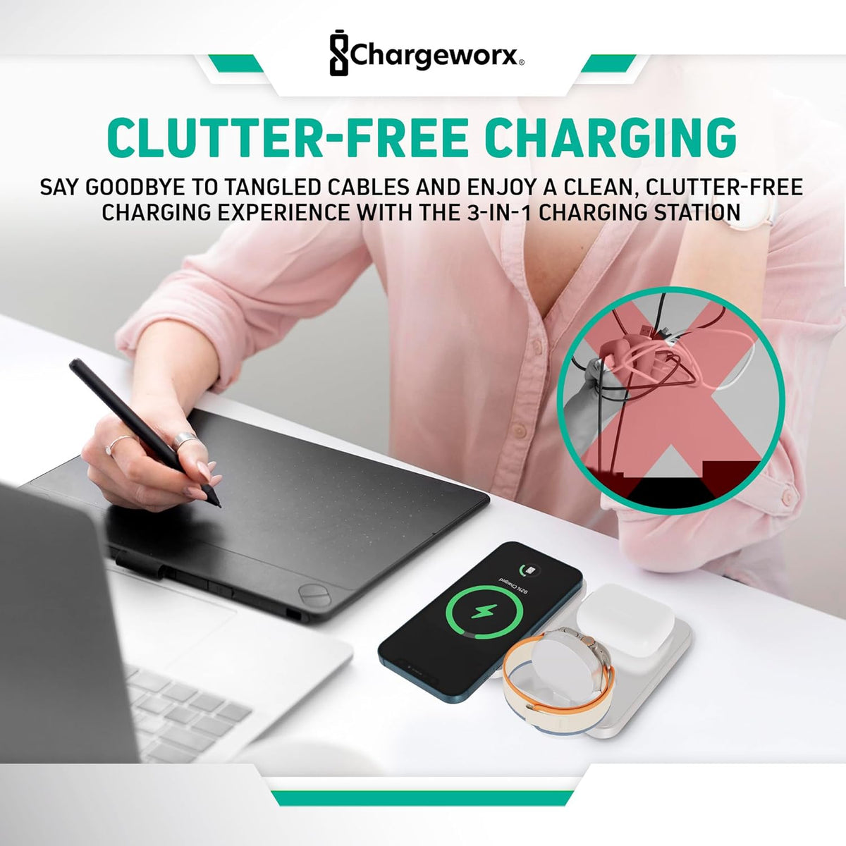 CHARGEWORX 3-in-1 Wireless Charger, Foldable Magnetic Charging Station with 15-Watt Fast Charging, Compatible with iPhone, Samsung, and Other Phones, Smartwatches, and Headphones, White