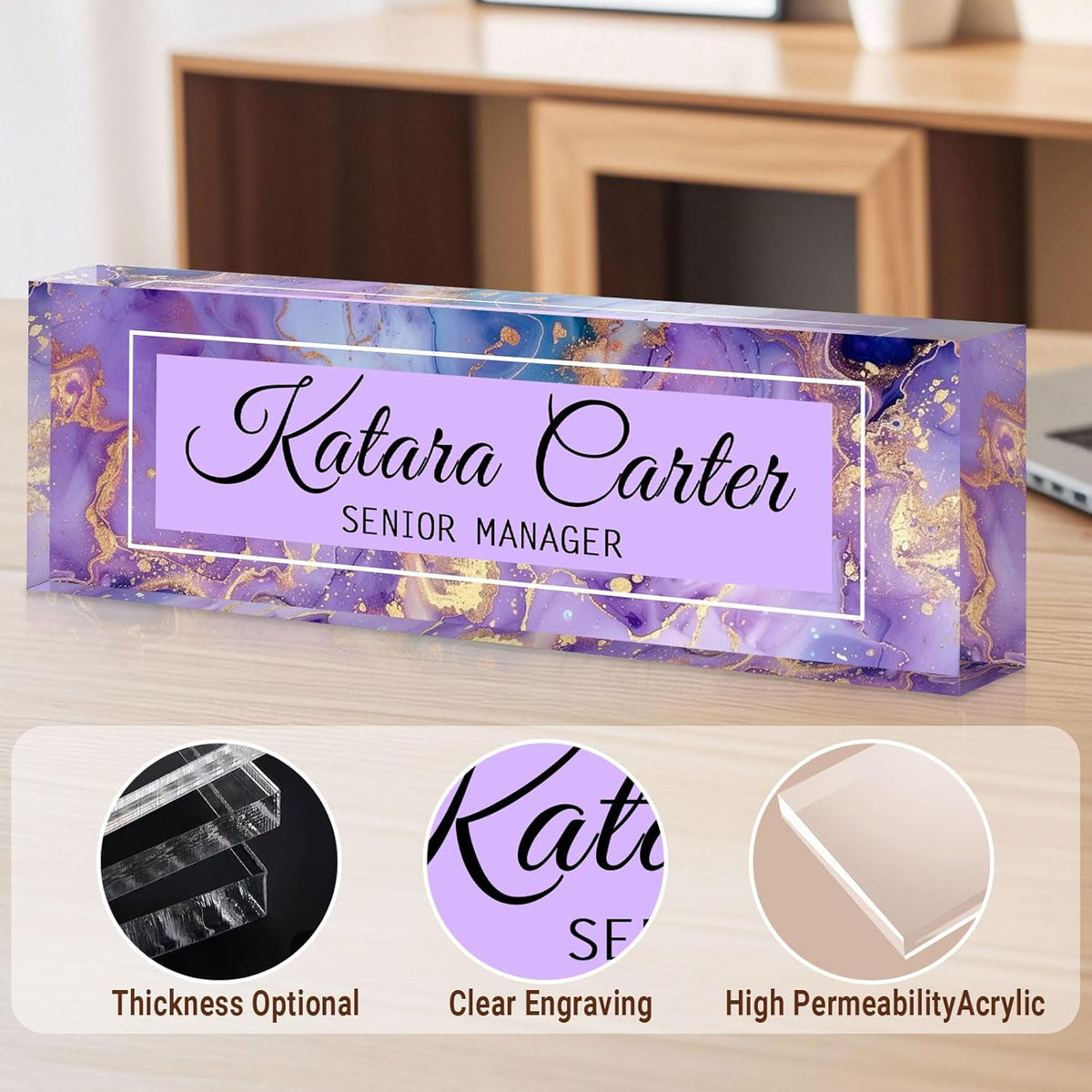 Name Plate for Desk Personalized, Acrylic Desk Decorations, Employee Appreciation Gifts, Custom Office Gifts for Coworkers, Boss, Teacher, Nurse (Purple Gold Marble)