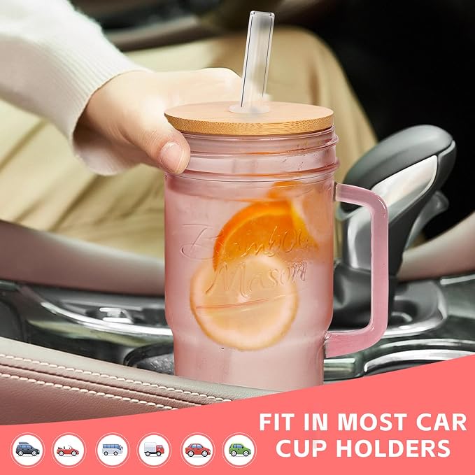 ANOTION Glass Cups with Handle, 24oz Glass Cups with Lids and Straws Travel Coffee Mug Bamboo Mason Jar Iced Cup Smoothie Tea Clear Cute Water Drinking Jars Glasses