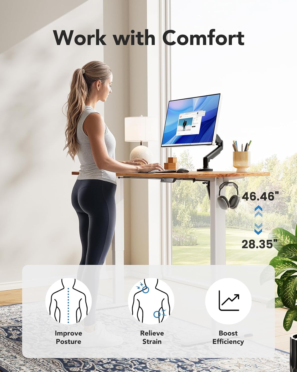 HUANUO Electric Standing Desk, 48" x 30" Whole Piece Desktop, Adjustable Height Computer Desk, 4 Height Memory Settings, Sit Stand Up Desks for Home Office, Light Vintage
