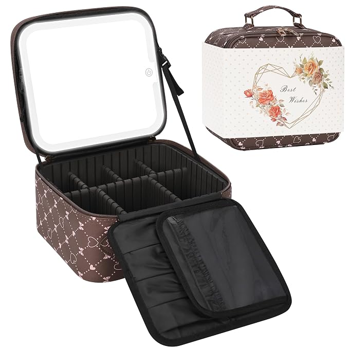 Relavel Travel Makeup Bag With LED Mirror, Portable Cosmetic Organizer Bag with