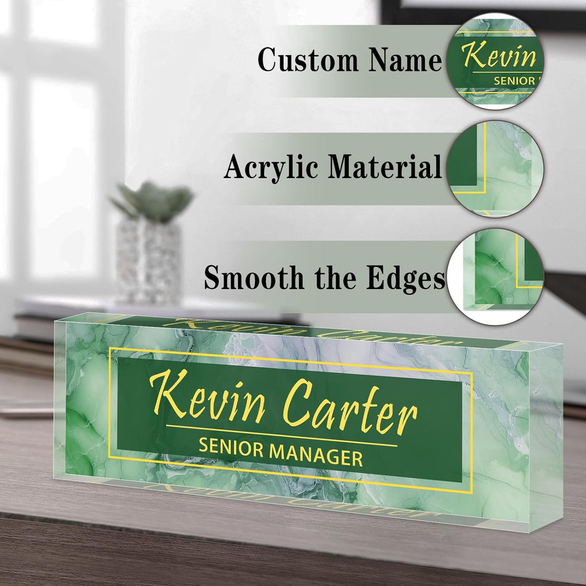 Name Plate for Desk Personalized, Acrylic Desk Decorations, Employee Appreciation Gifts, Custom Office Gifts for Coworkers, Boss, Teacher, Nurse (Green White Marble)