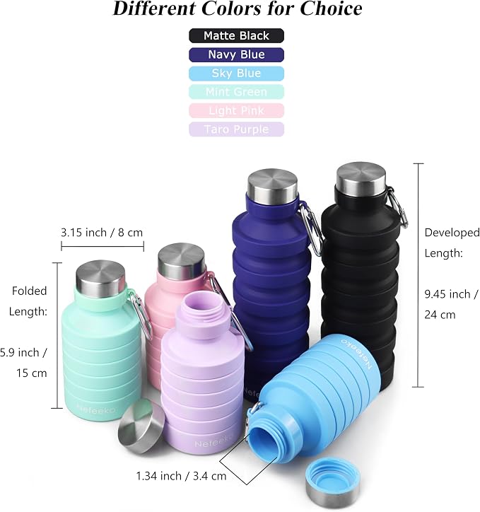 Nefeeko Collapsible Water Bottle, Reuseable BPA Free Silicone Foldable Water