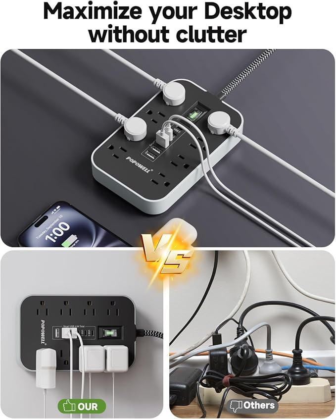 Power Strip Surge Protector- 5FT Flat Plug Extension Cord, 8 AC Outlet& 6 USB