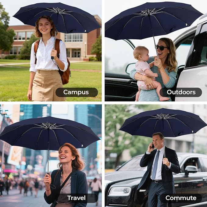 Compact Inverted Travel Umbrella, Automatic Open Close, 9-Rib 46 Inch Windproof