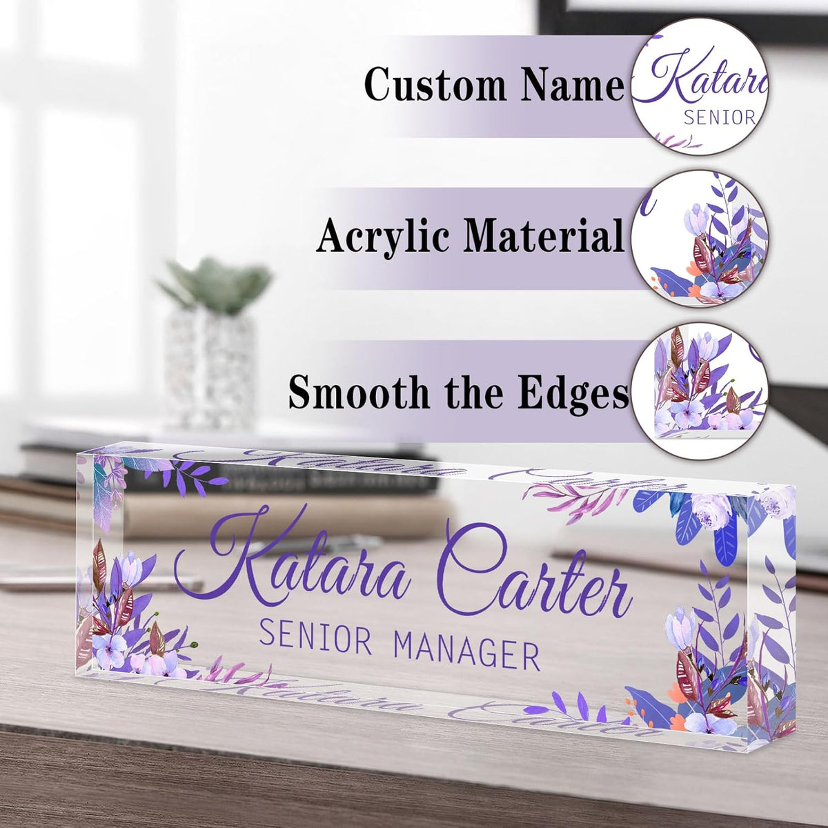 Name Plate for Desk Personalized, Acrylic Desk Decorations, Employee Appreciation Gifts, Custom Office Gifts for Coworkers, Boss, Teacher, Nurse (Purple Leaves)