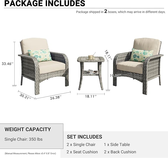 HOOOWOOO Patio Furniture Set, 3 Pieces Outdoor Conversation Set, All Weather