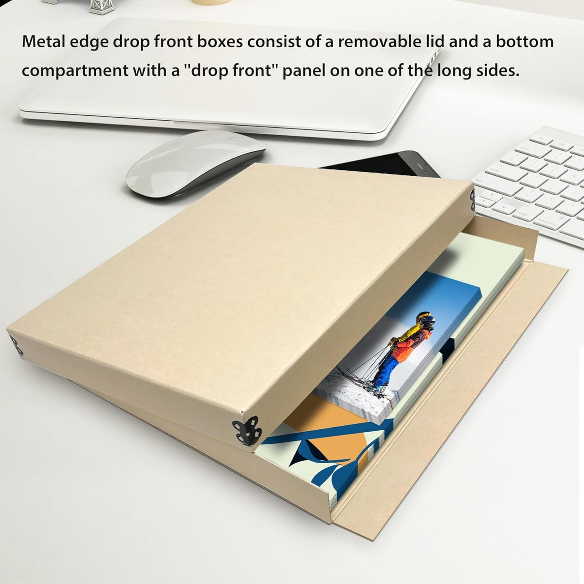 Lineco Museum Archival Storage Box, 11.75x15.25x1.5 in. Drop Front Design. Acid-Free with Metal Edge. Organize Photos, Pictures, Prints, Documents, Crafts, DIY. Tan, 2 Pack