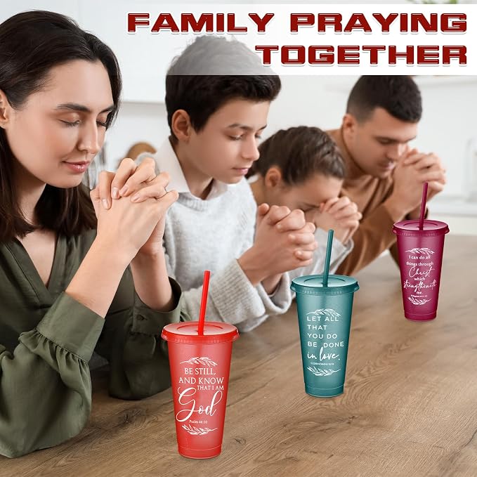 Havawish 12 Pcs Mothers Day Christian Tumbler Gift Bulk Religious Inspirational 24 oz Drinking Jesus Cup with Lid Straw Bible Verse Plastic Cup for Church Father Teacher First Communion (Joyous Color)