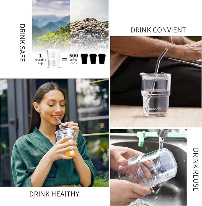 BLUEPOLAR 13oz/400ml Glass Water Tumbler with Straw and Lid Sealed Carry On Thick Wall Iced Coffee Cup Glass Cup for Water, Iced Tea Fruit Juice Etc (White-2Pack)