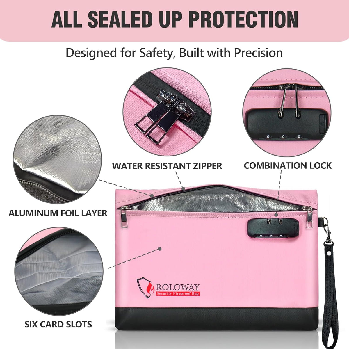 ROLOWAY Fireproof Money Bag with Lock for Cash, 6400°F Fire Proof Document Bag (12.2 x 8.5 x 1.6 inches), Money Pouch with Zipper (Pink)