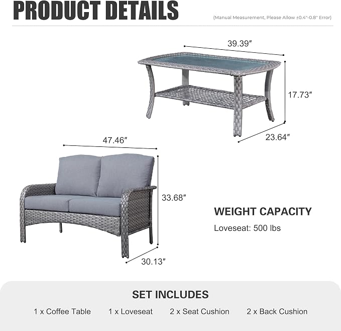 HOOOWOOO Patio Furniture Set, Outdoor High Back Loveseat Set, All Weather
