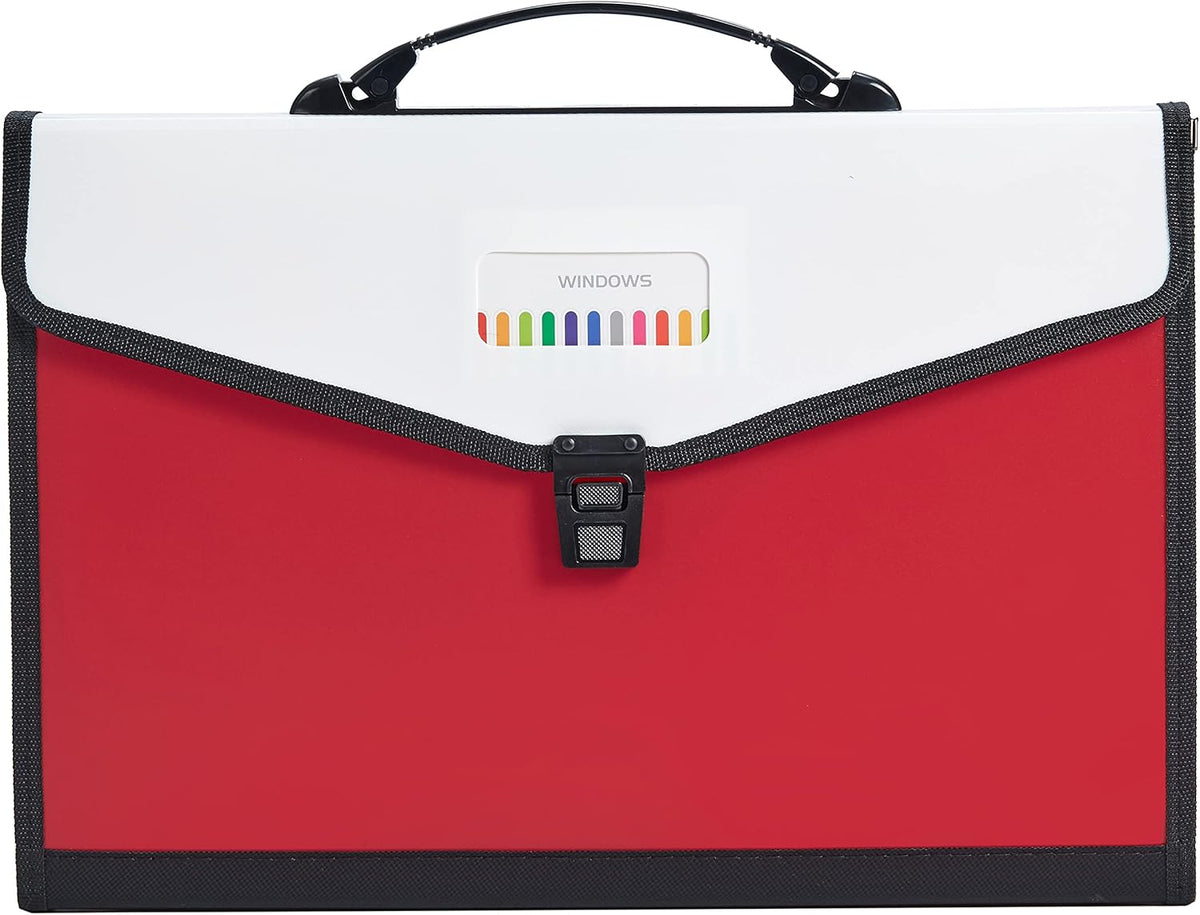 Legal Size 13-Pockets Expanding File Folder with Handle, Plastic Accordion Filling File Folder Expandable Monthly Portable Paper Document Organizer for Office School & Home (Red)