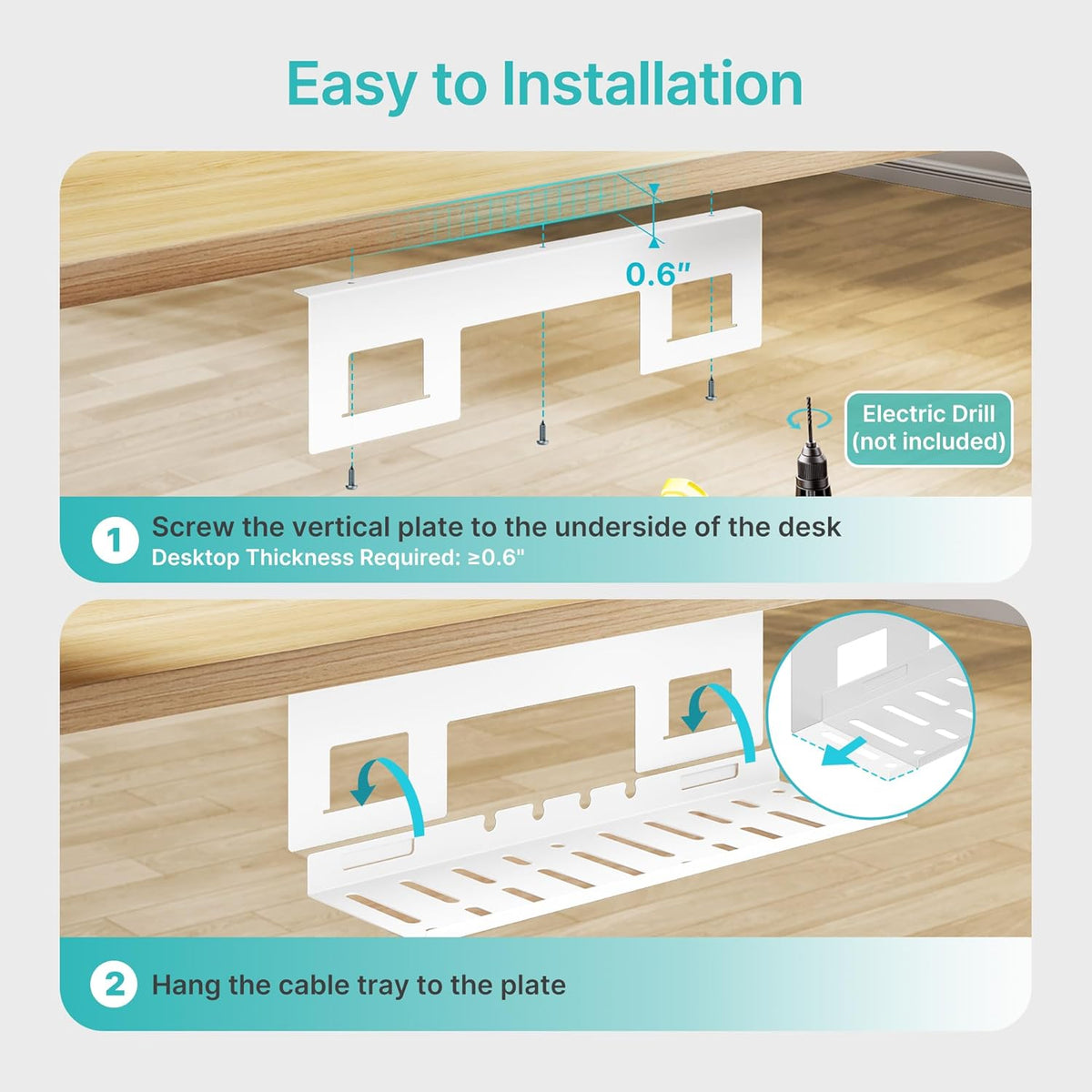 Under Desk Cable Management Tray, 15.7 Inches Metal Cord Organizer Rack, Desk Tray for Power Strip, Cord, Wire, Easy Mounting Cable Management Under Table for Home Office, White