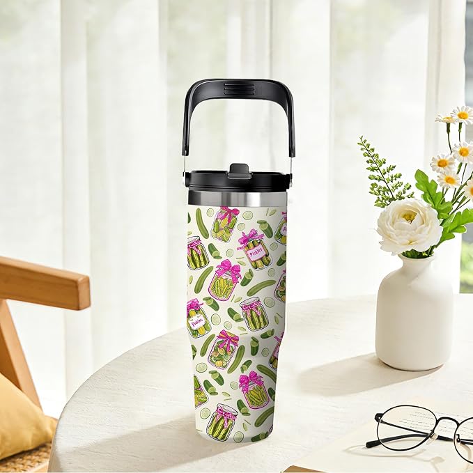 Pickle Tumbler 30oz - Pickle Themed Gifts for Adults, Stainless Steel Insulated Cup with Handle, Novelty Water Bottle for Pickles Lovers, Funny Kitchen Theme Present