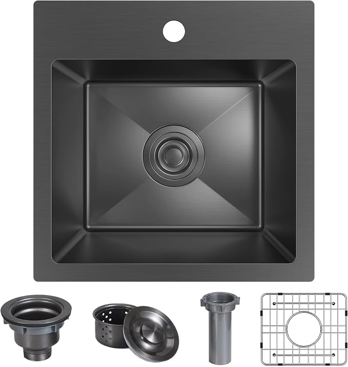 15 x 15 inch Drop in Bar Sink Black, Gunmetal Black Bar Sink 18 Gague Topmount