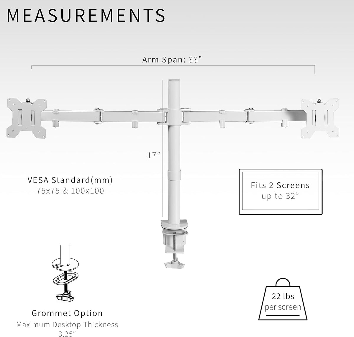 VIVO Dual Monitor Desk Mount, Heavy Duty Fully Adjustable Stand, Fits 2 LCD LED Screens up to 32 inches, White, STAND-V032W