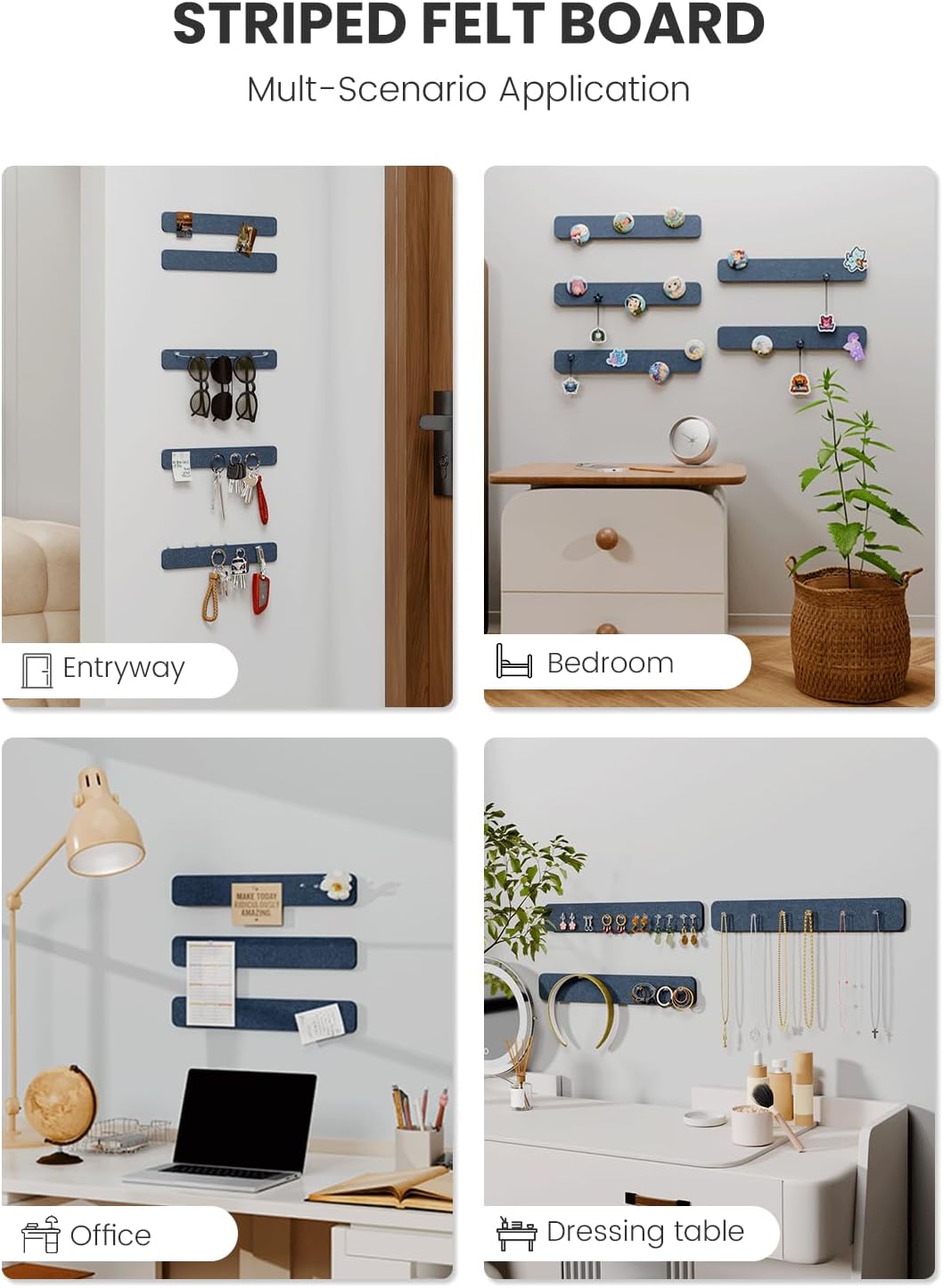 Cork Board Alternative Felt Strip Board 5-Pack 13"x2", Office Pin Board with 35 Push Pins, Adhesive Install for Bedroom Door & Home Office(Denim Blue)