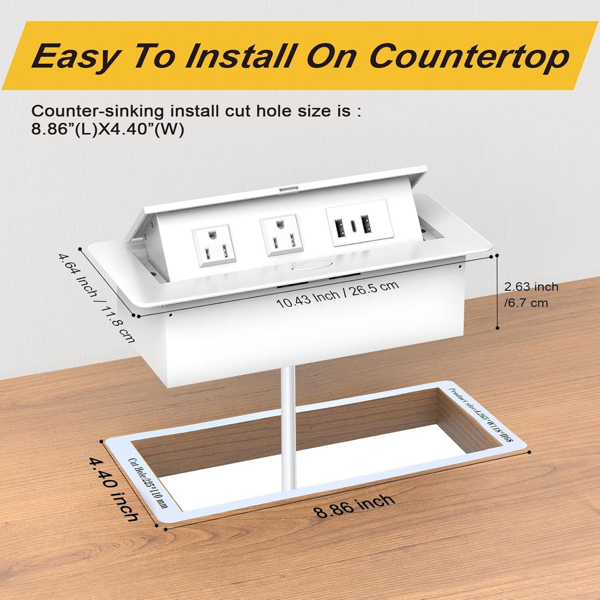 UL Listed Recessed Power Strip, Pop Up Power Cover Box Desktop Socket with USB C Charging Ports, Stainless Steel Receptacle Outlet for Conference Room Countertop (White-USB C)