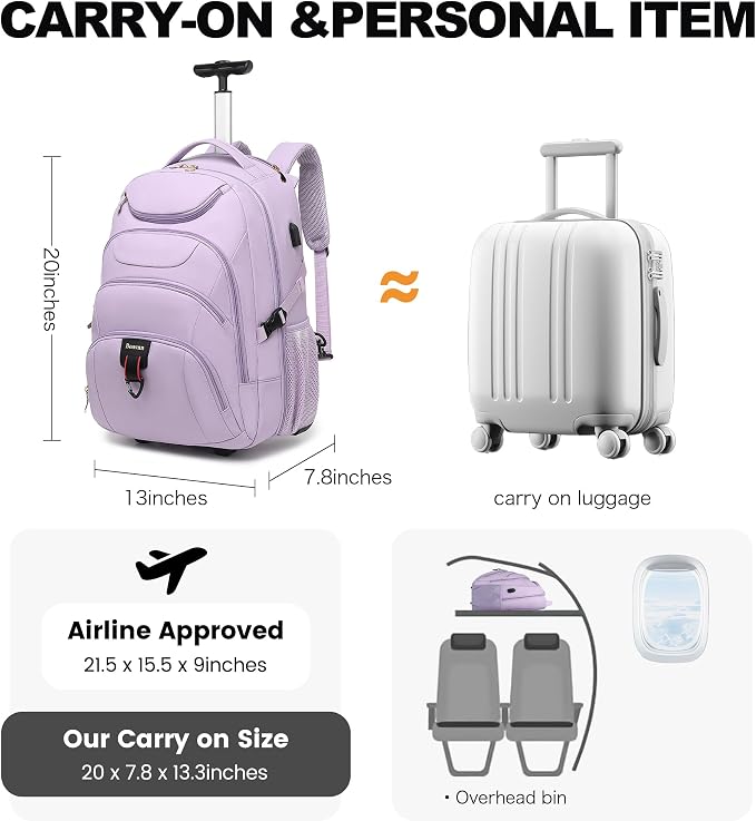 Boavan Rolling Backpack for Women, 17.3 Inch Wheeled Laptop Backpack, Large