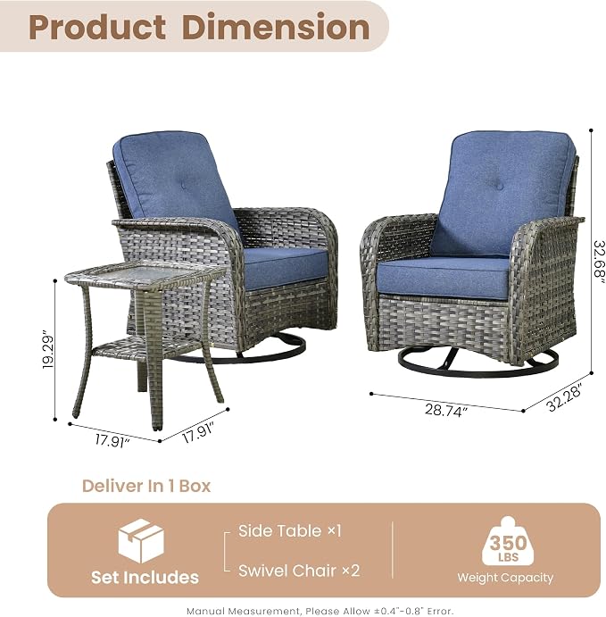 HOOOWOOO Patio Furniture Set, 3 Pieces Outdoor Conversation Set, All Weather