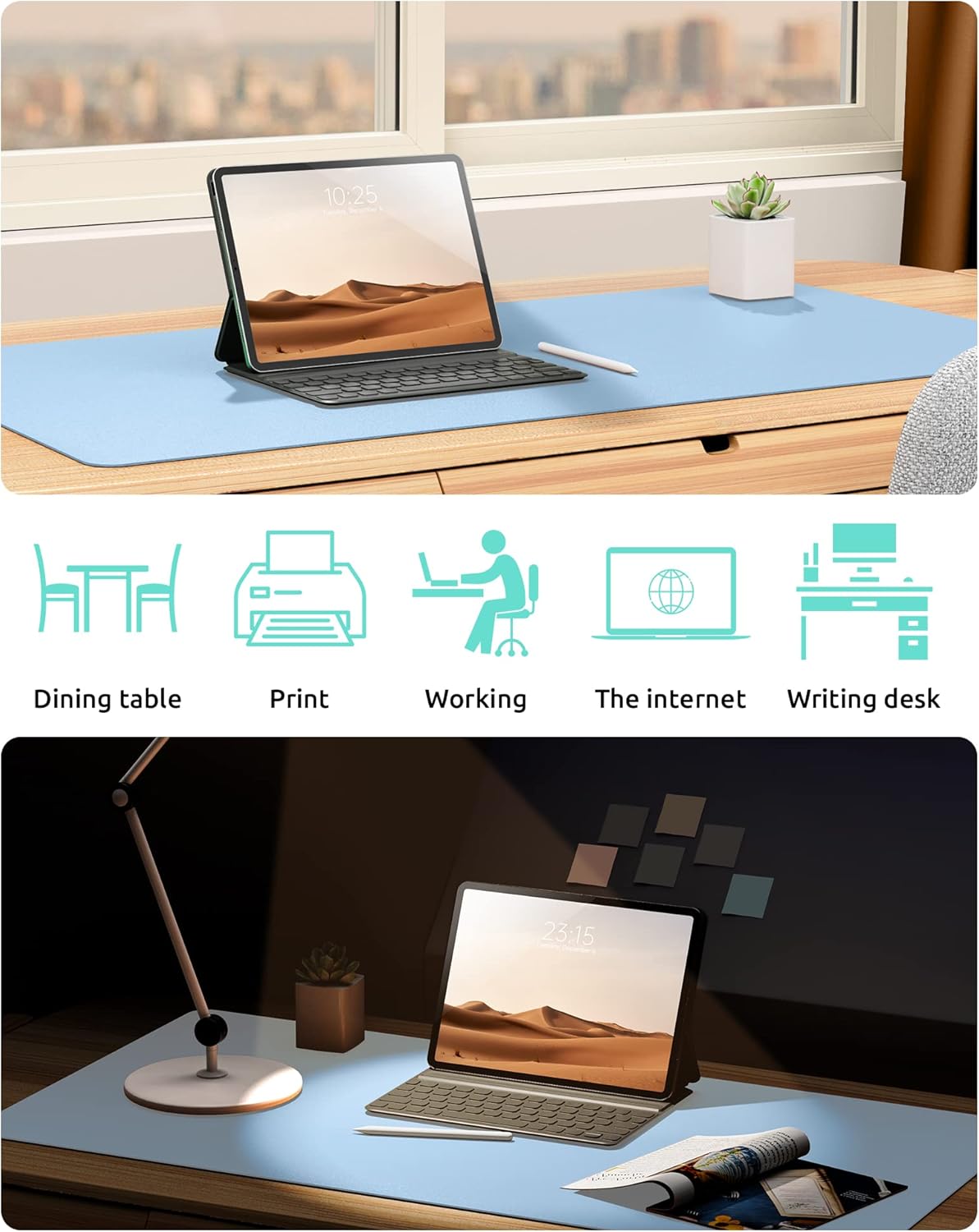 YSAGi Leather Desk Protector, Office Mat, Large Mouse Mat, Non-Slip PU Leather Blotter, Laptop Pad, Waterproof Writing Pad for Office and Home (Baby Blue, 23.6" x 13.8")