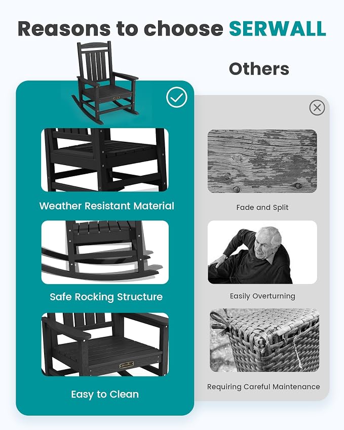 SERWALL Outdoor Rocking Chair Set of 2, HDPE Patio Rocking Chair All-Weather