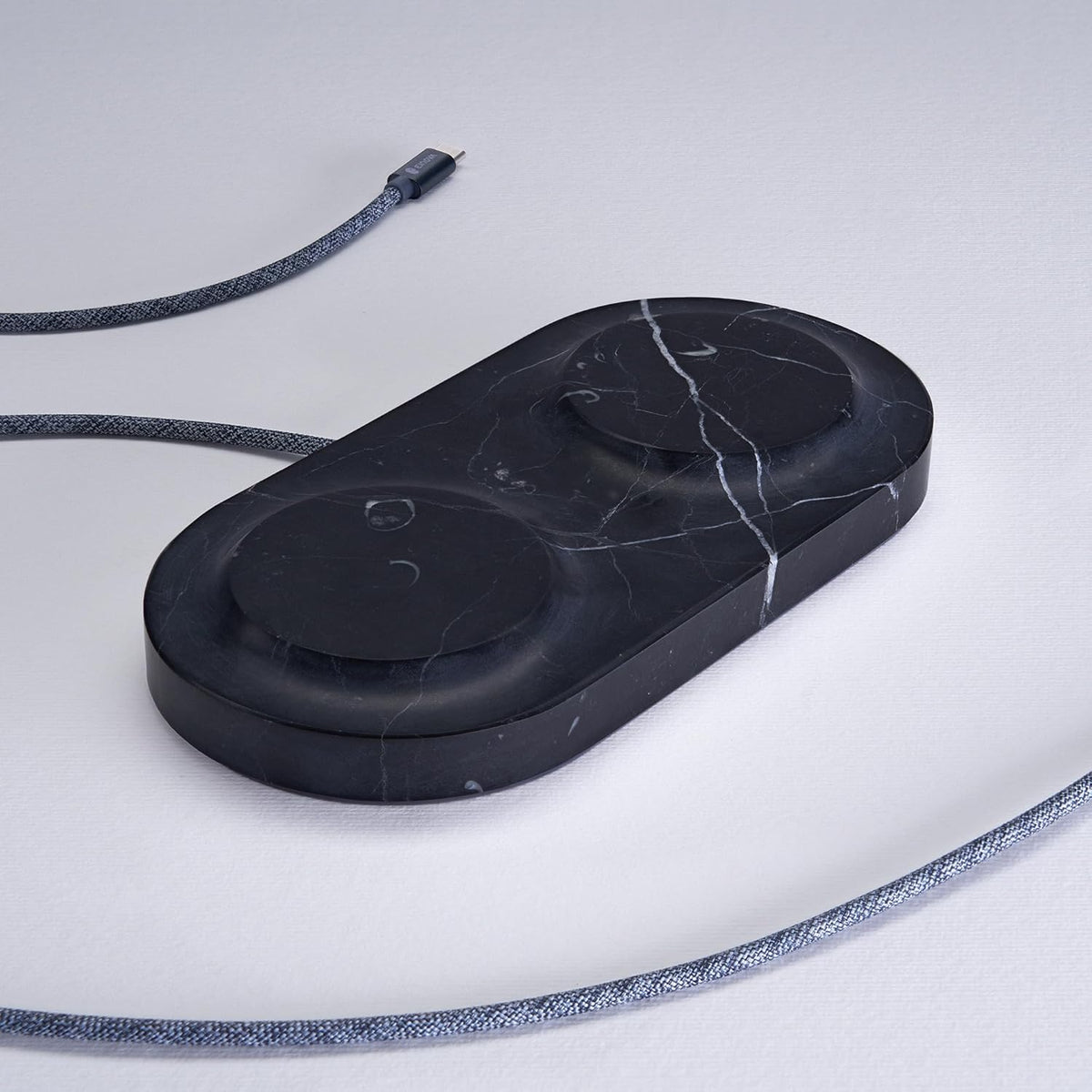 Einova Dual Classic Stone – Dual Wireless Charging Pad in Genuine Marble, Designed in Italy, Integrated 6 ft USB-C Cable, Smartphones, Wireless Earbuds, Smartwatches – Black Marquina Marble