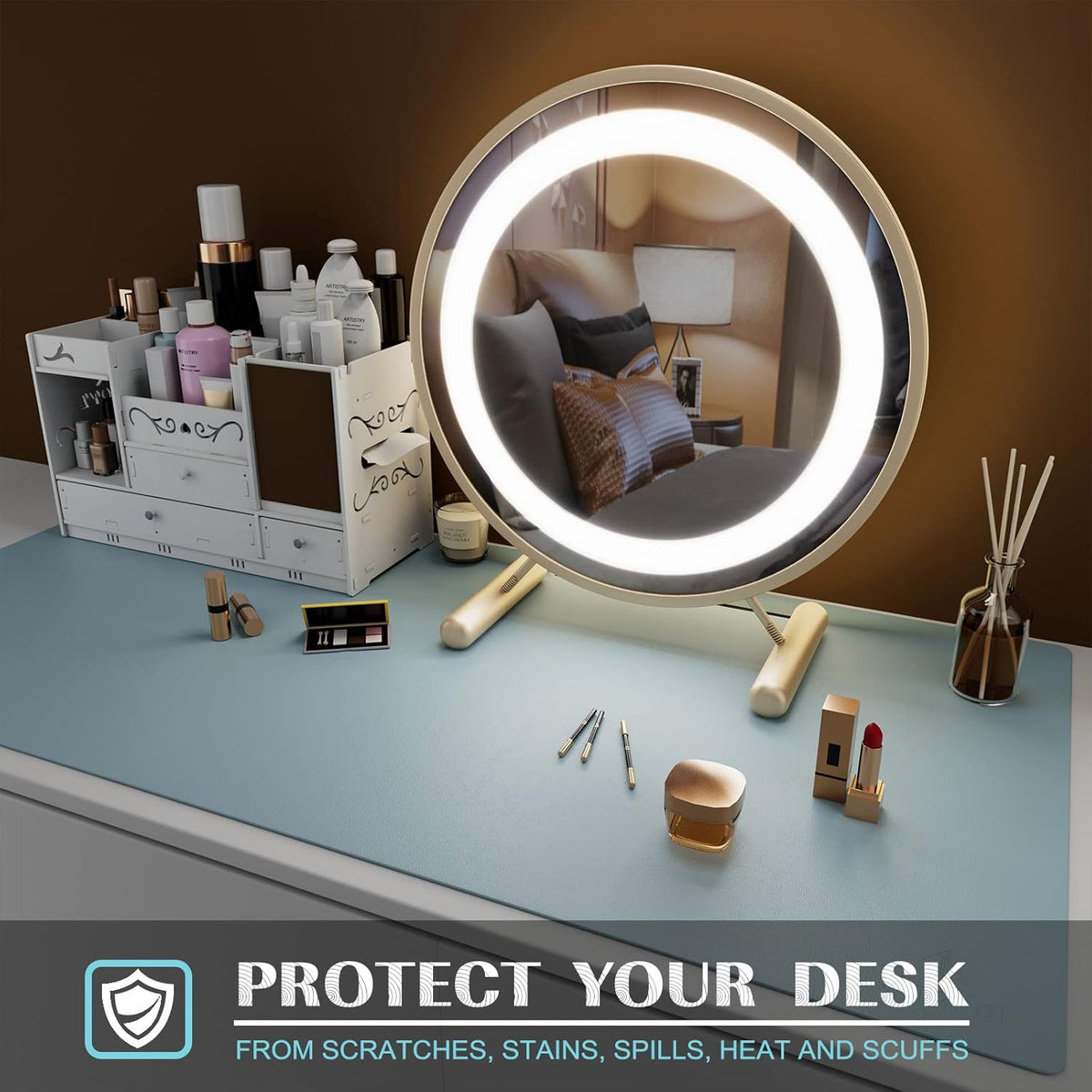 K KNODEL Large Office Leather Desk Mat, Mouse and Keyboard Pad, Computer and Laptop Mat, Desktop Protector and Cover, Writing Pad and Blotter (31.5"x15.7", Light Blue)