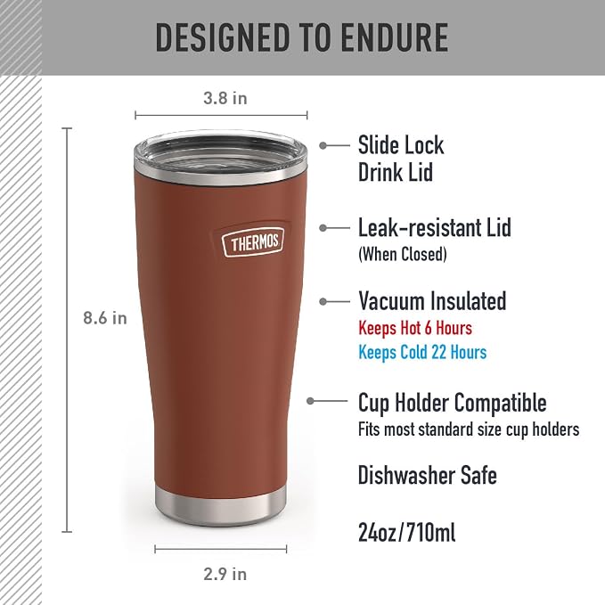 THERMOS ICON SERIES, Stainless Steel Cold Tumbler with Slide Lock, 24 Ounce, Saddle