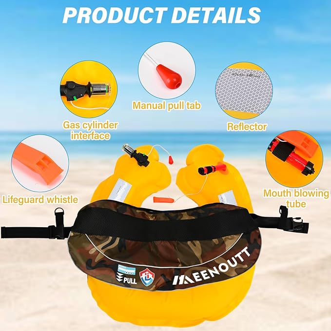 Automatic Inflatable Belt Pack Water Sports Jacket Waist Belt PFD for SUP Paddleboarding Fishing Boating Kayaking(fit 80-330 lbs) (Green camouflage)