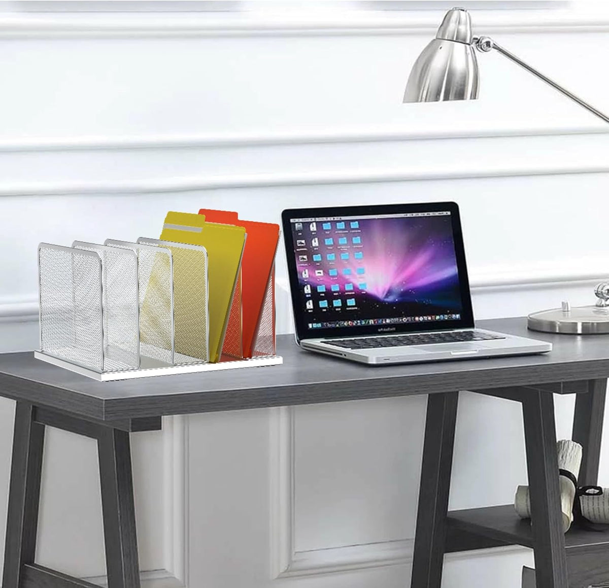 Kuntine.B Desk File Organizer Upright Mesh Desktop Organizer File Sorter Office Organization File Holder for Home, Office & Classroom (Silver, 1 Pack 5-Section)