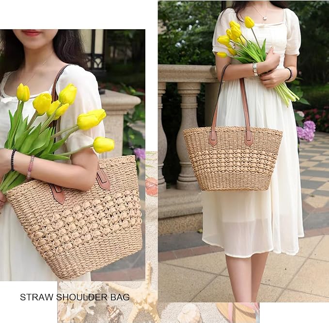 Straw Beach Bags for Women Woven Beach Tote Bag Casual Boho Large Shoulder